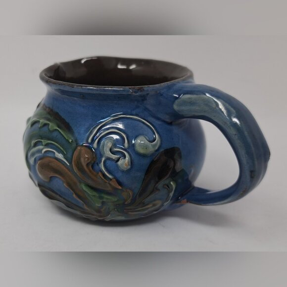 CH Brannam Barum Pottery Ceramic Mini Jug 1900 Dated Frog Fish Waves Blue 2.25" - Picture 1 of 16